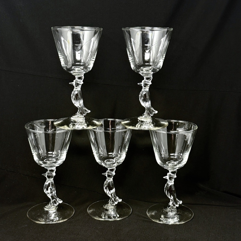 Old Crow Vtg Set 5 Bourbon Cocktail Glass Bird Tophat Penguin 5.5" Clear Novelty